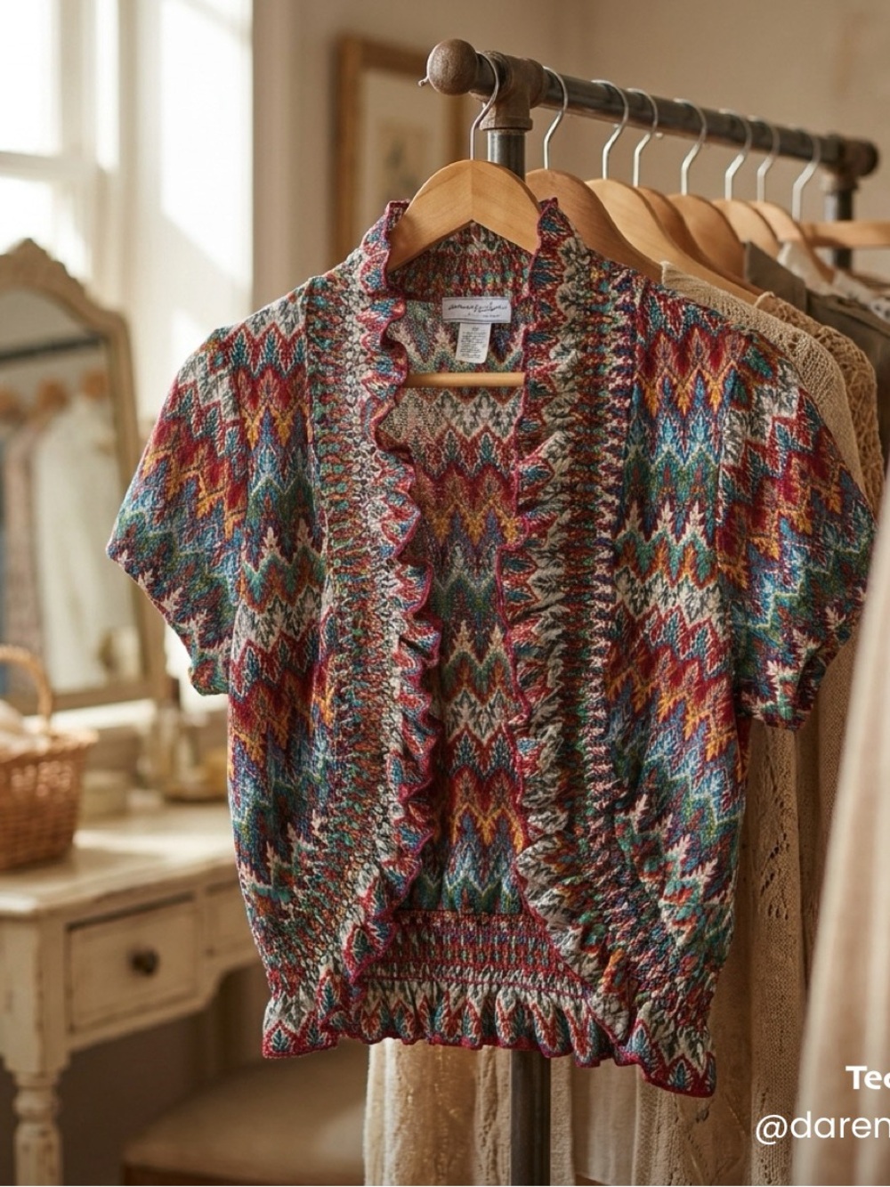 Multicolor Ruffle-Trim Short Sleeve Knit Cardigan